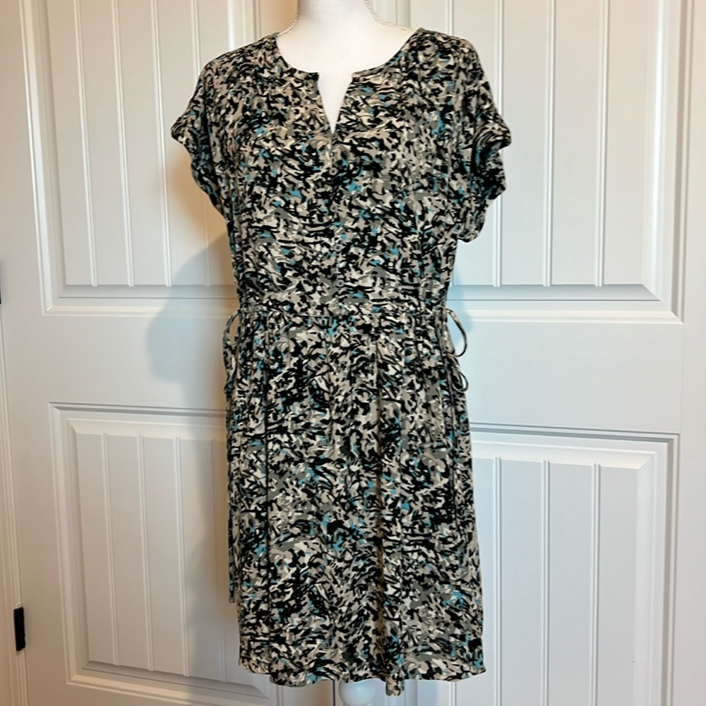 NWT Loft Dress Large Petite LP black blue abstract career business casual soft
